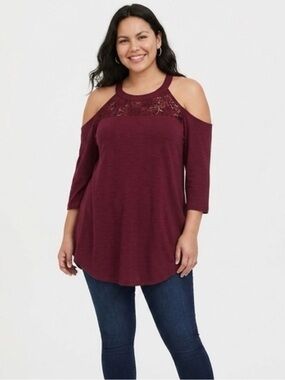 torrid Burgundy Cold-Shoulder Lace Yoke Tunic